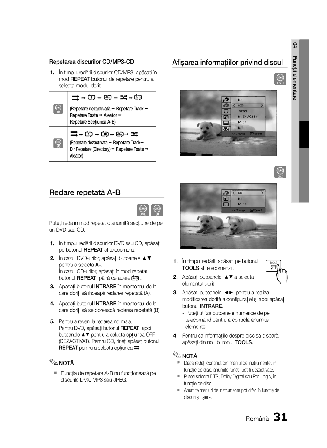 Samsung HT-E453/EN, HT-E455/EN Afişarea informaţiilor privind discul, Redare repetată A-B, Repetarea discurilor CD/MP3-CD 