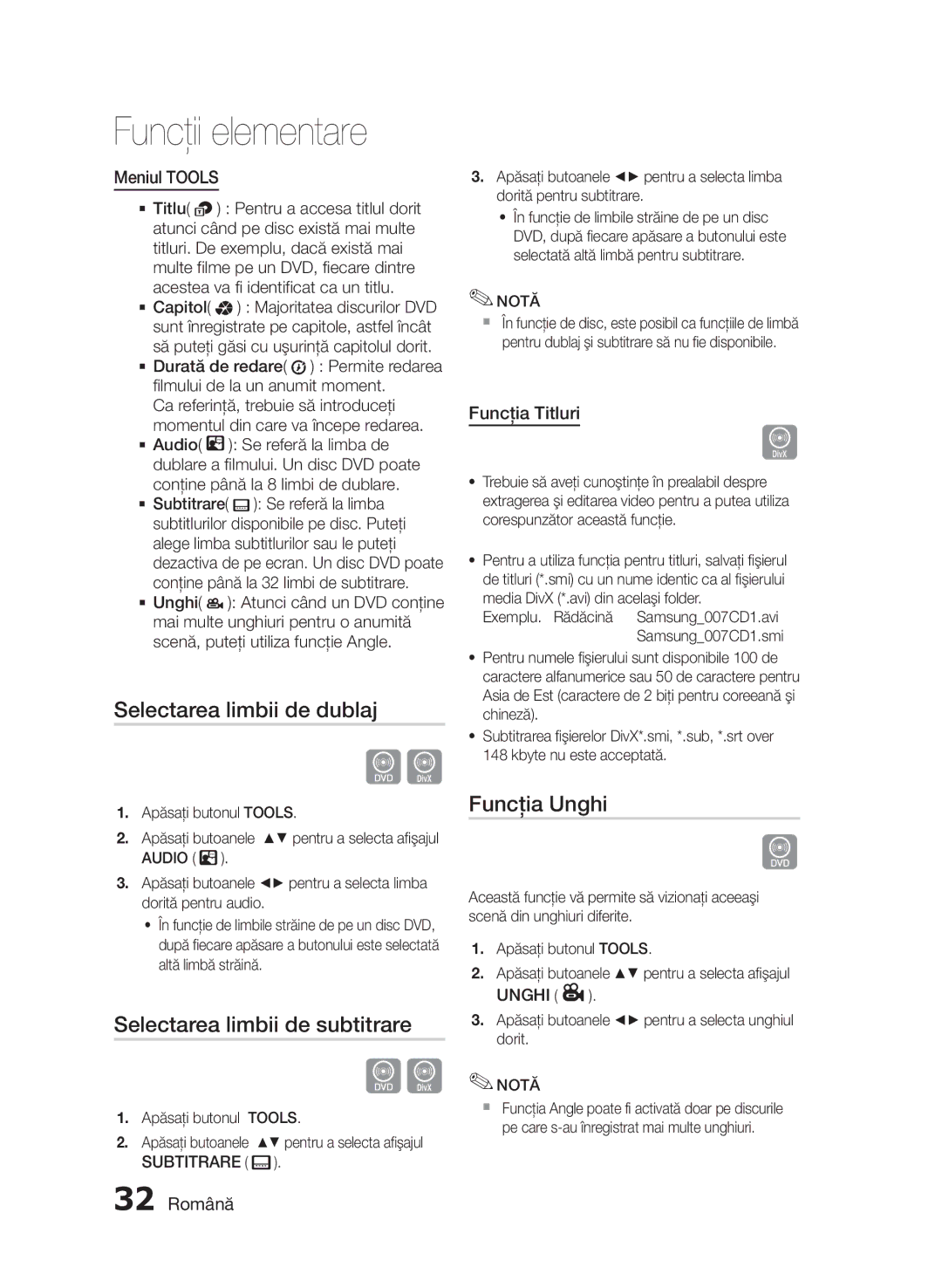 Samsung HT-E455/EN, HT-E453/EN manual Selectarea limbii de dublaj, Selectarea limbii de subtitrare, Funcţia Unghi 