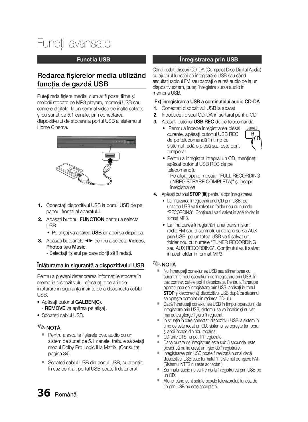 Samsung HT-E455/EN, HT-E453/EN manual Funcţii avansate, Redarea fişierelor media utilizând funcţia de gazdă USB, Funcţia USB 