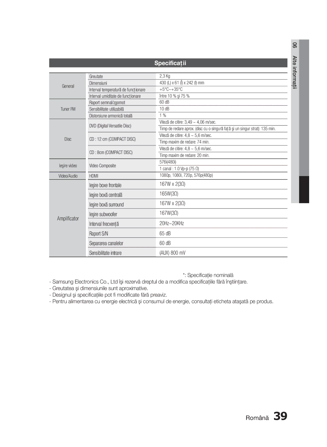 Samsung HT-E453/EN, HT-E455/EN manual Specificaţii 