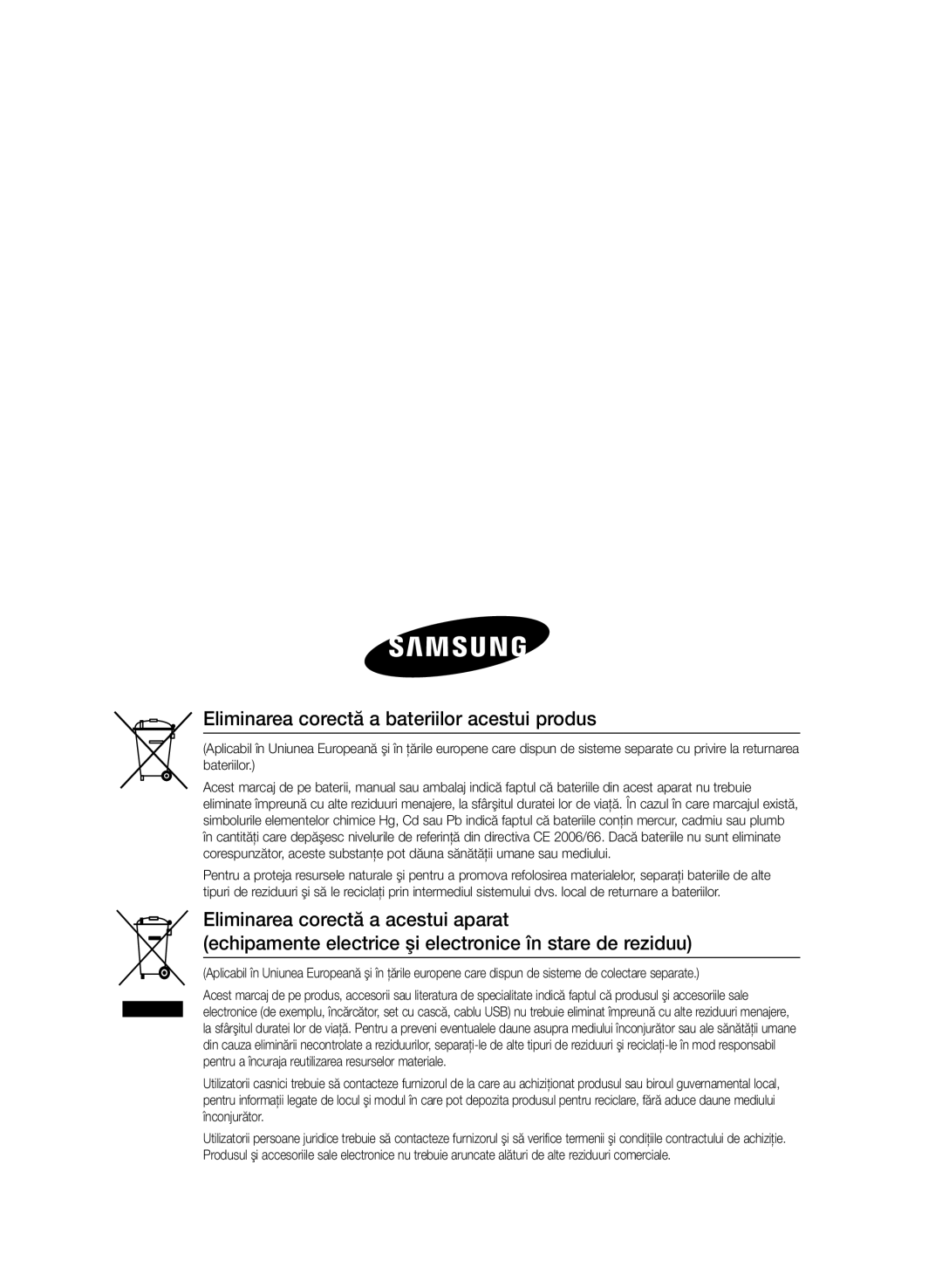 Samsung HT-E455/EN, HT-E453/EN manual Eliminarea corectă a bateriilor acestui produs 