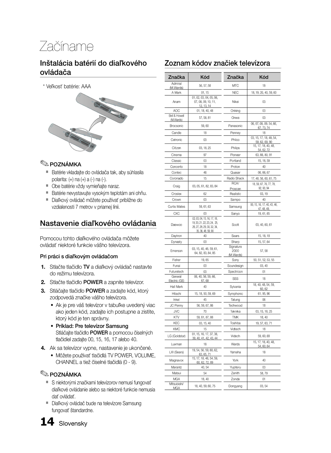 Samsung HT-E455/EN, HT-E453/EN Nastavenie diaľkového ovládania, Veľkosť batérie AAA, `` Obe batérie vždy vymieňajte naraz 