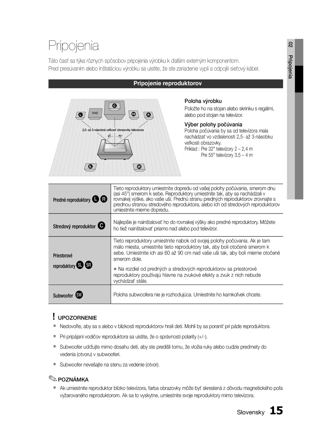 Samsung HT-E453/EN, HT-E455/EN manual Pripojenia, Pripojenie reproduktorov, Upozornenie 