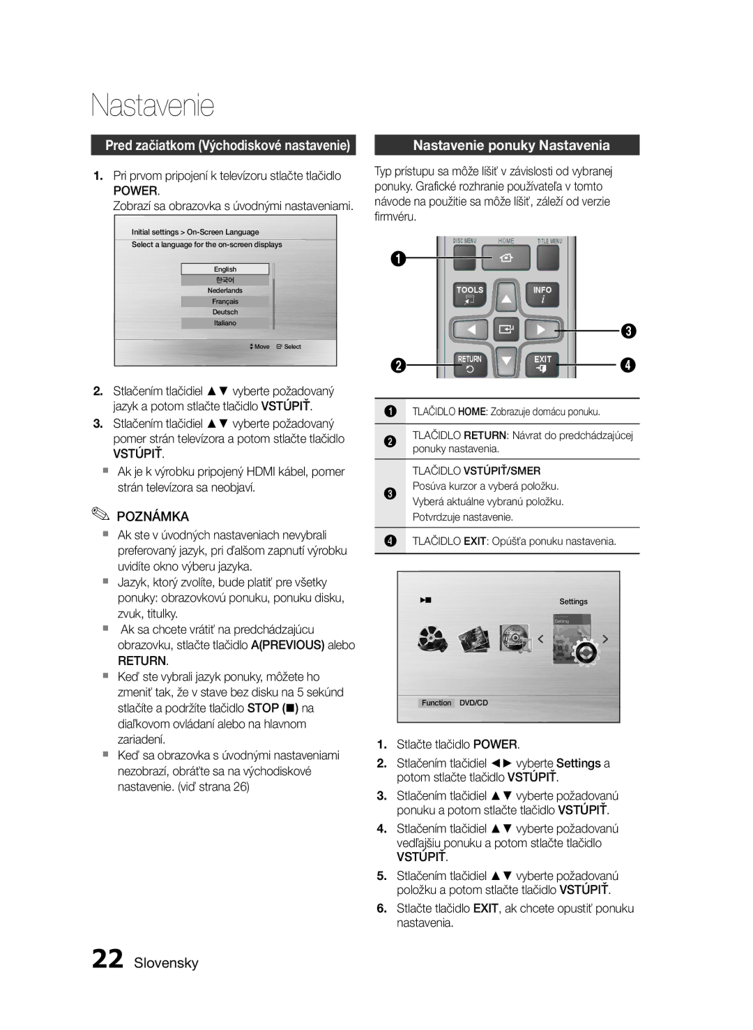 Samsung HT-E455/EN, HT-E453/EN manual Nastavenie ponuky Nastavenia, Power, Vstúpiť, Return 