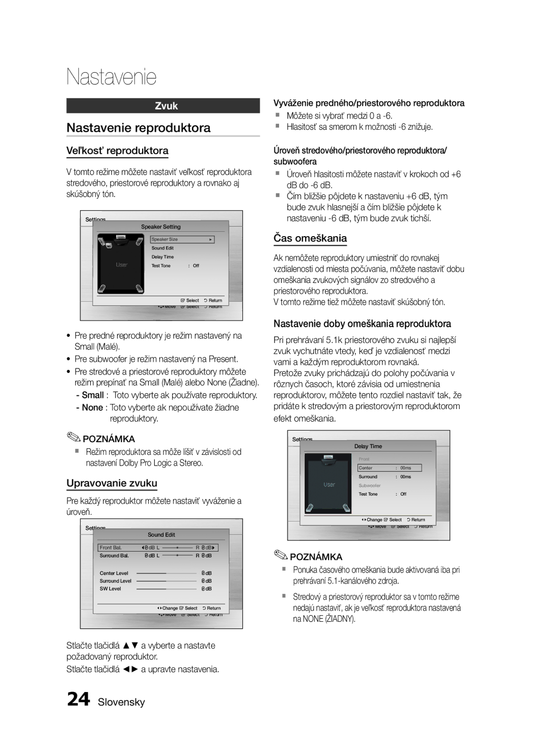 Samsung HT-E455/EN, HT-E453/EN manual Nastavenie reproduktora, Zvuk 