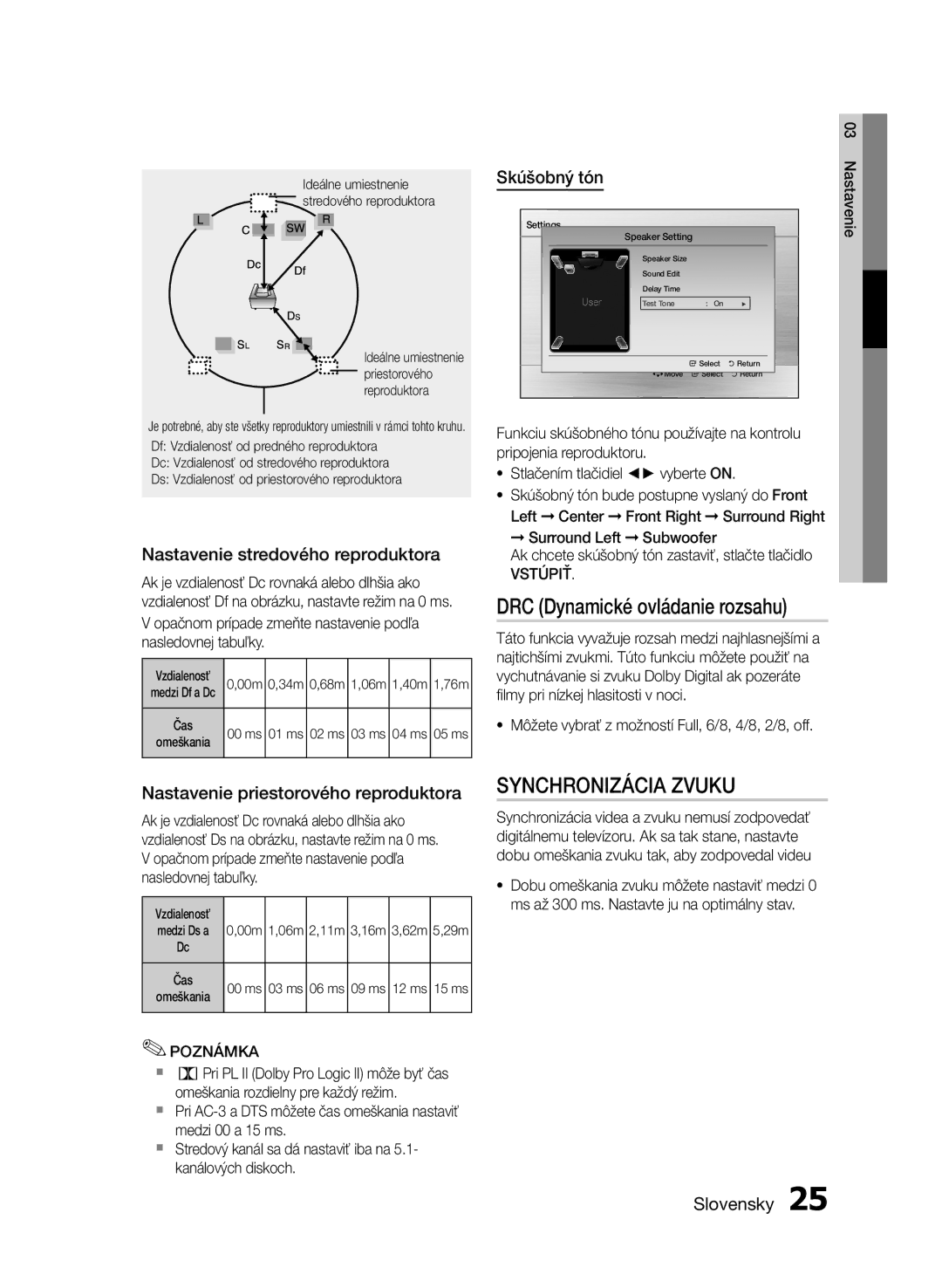 Samsung HT-E453/EN DRC Dynamické ovládanie rozsahu, Synchronizácia Zvuku, Nastavenie stredového reproduktora, Skúšobný tón 