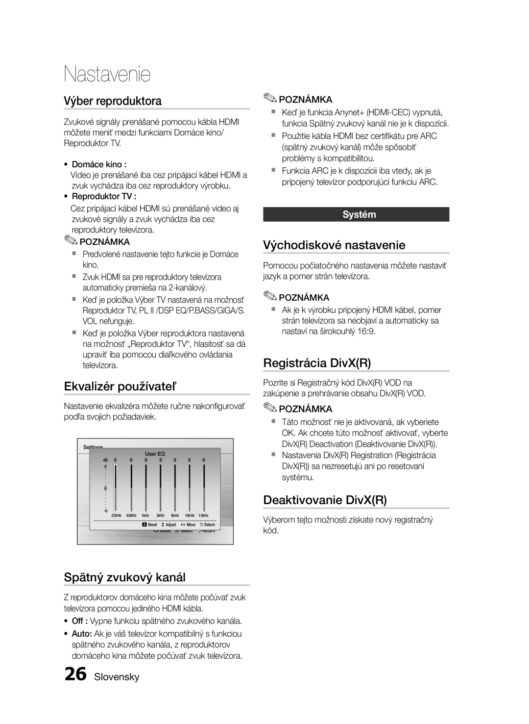 Samsung HT-E455/EN, HT-E453/EN manual Výber reproduktora, Ekvalizér používateľ, Východiskové nastavenie, Registrácia DivXR 