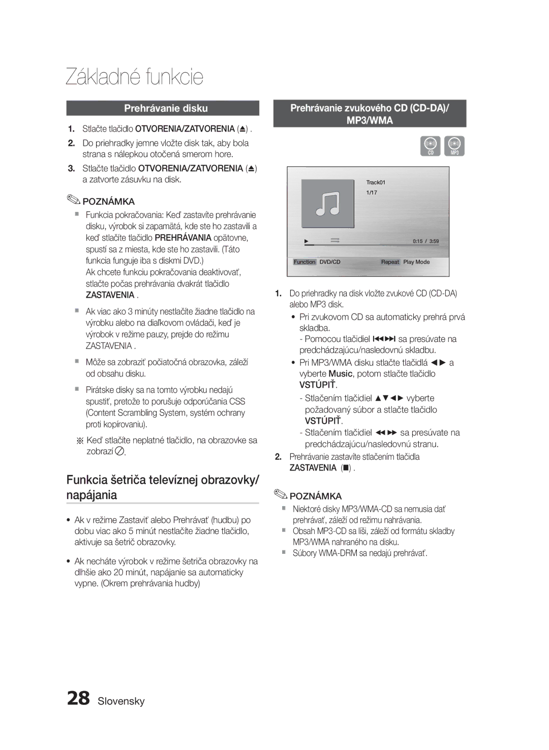 Samsung HT-E455/EN, HT-E453/EN manual Základné funkcie, Napájania, Funkcia šetriča televíznej obrazovky 