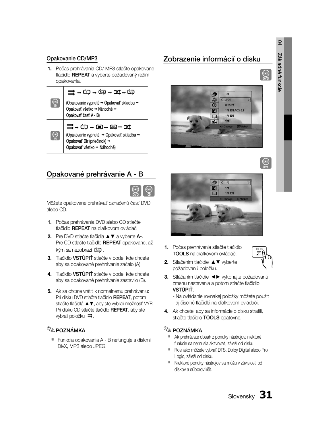 Samsung HT-E453/EN, HT-E455/EN manual Opakované prehrávanie a B, Zobrazenie informácií o disku, Opakovanie CD/MP3 