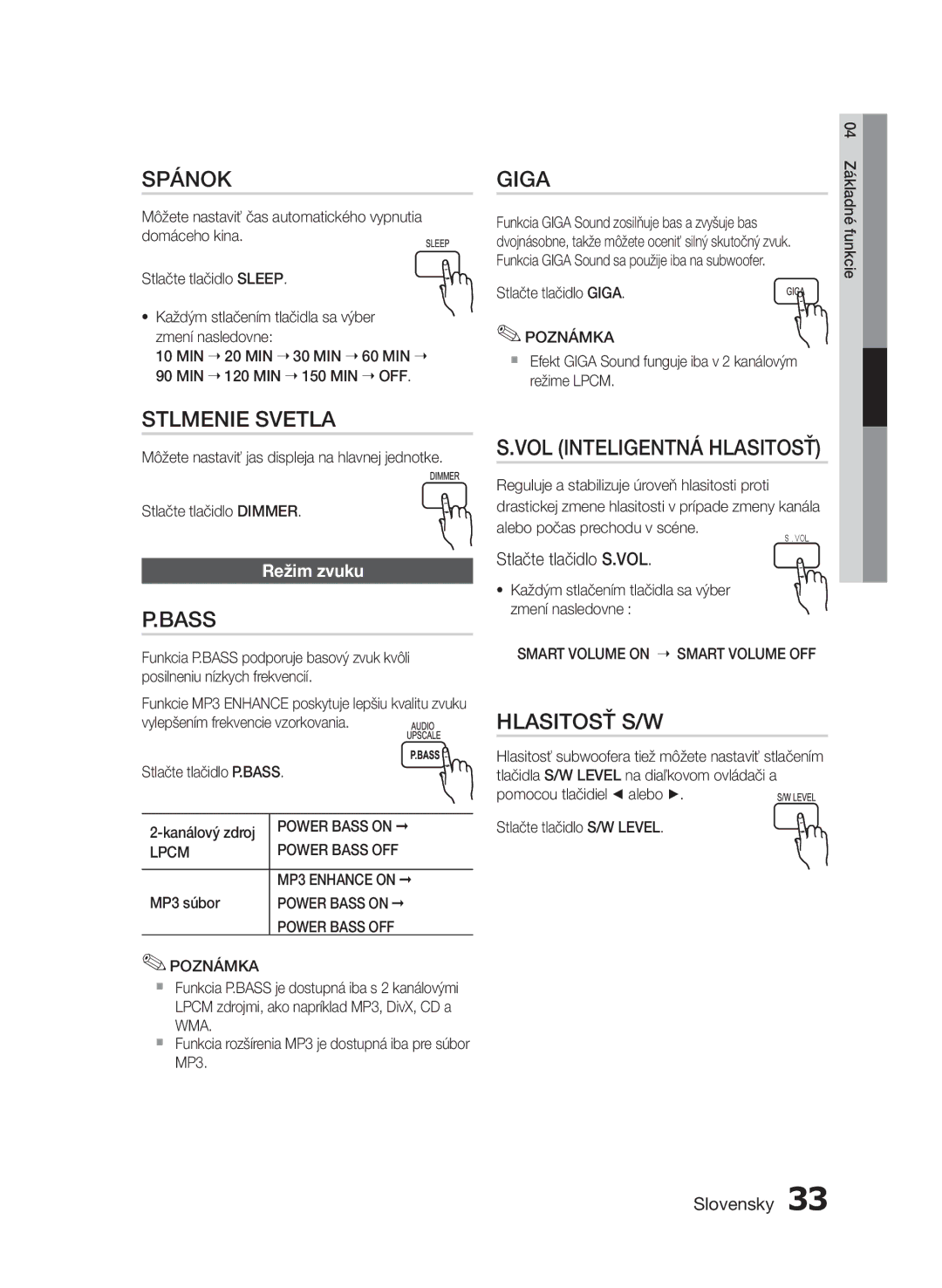 Samsung HT-E453/EN, HT-E455/EN manual Spánok, Stlmenie Svetla, VOL Inteligentná Hlasitosť, Hlasitosť S/W, Režim zvuku 