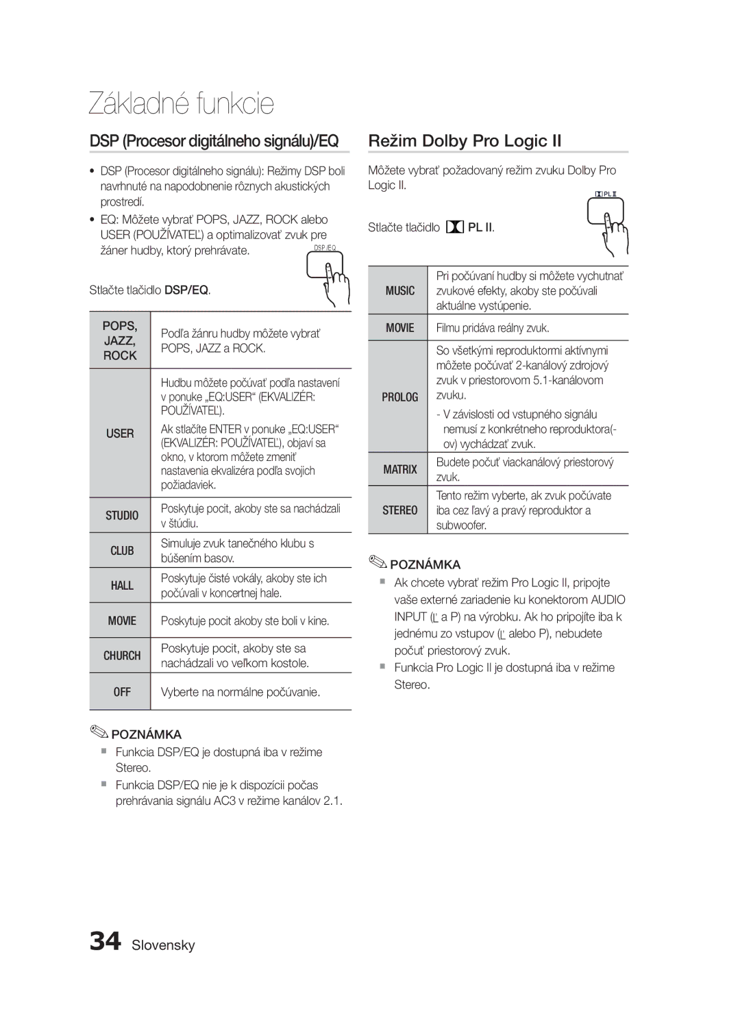 Samsung HT-E455/EN, HT-E453/EN manual Režim Dolby Pro Logic, DSP Procesor digitálneho signálu/EQ, Používateľ 