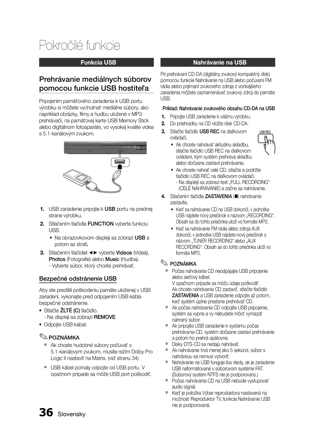 Samsung HT-E455/EN, HT-E453/EN manual Pokročilé funkcie, Funkcia USB, Bezpečné odstránenie USB, Nahrávanie na USB 