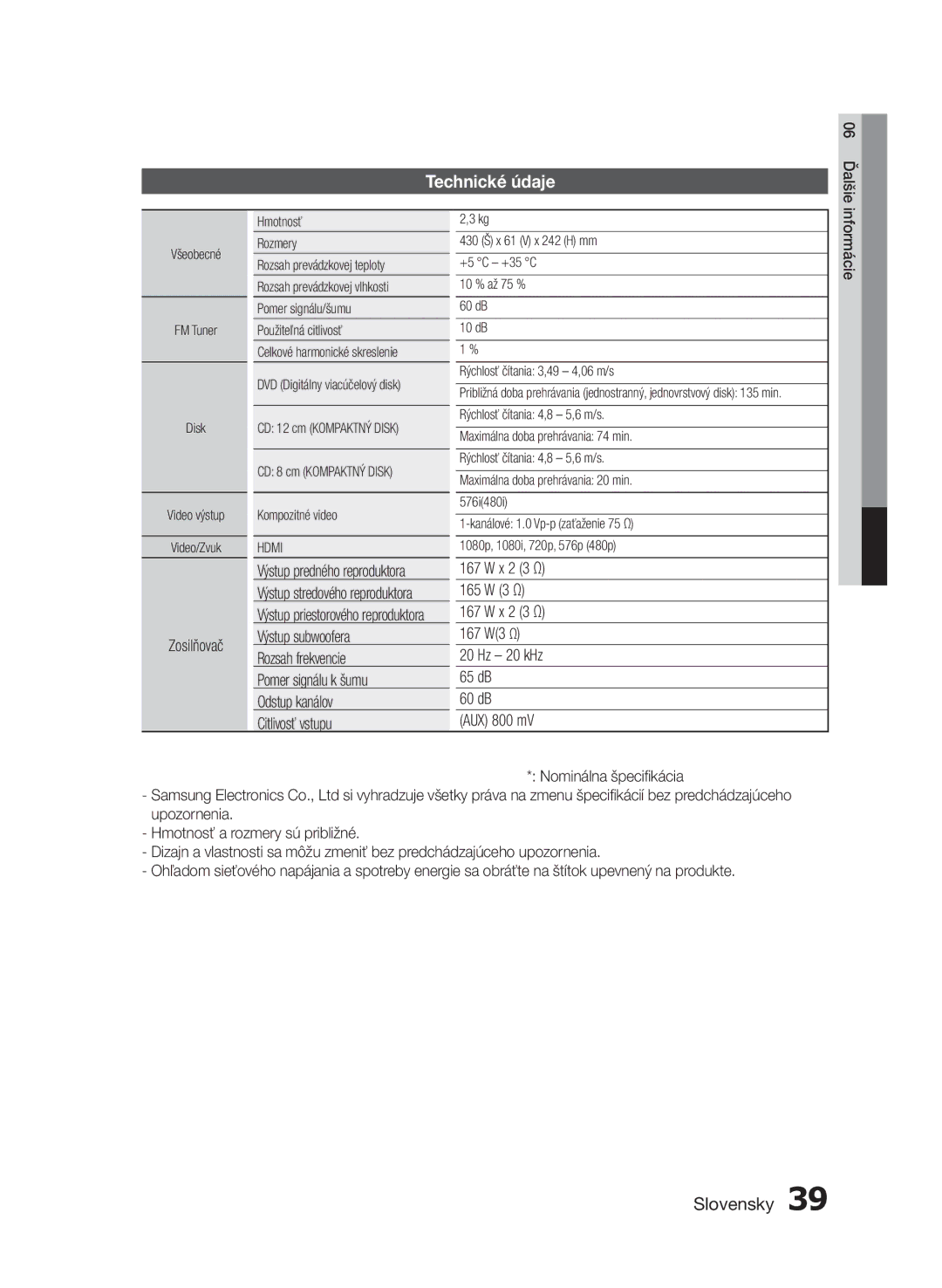 Samsung HT-E453/EN, HT-E455/EN manual Technické údaje, Zosilňovač, X 2 3 Ω 165 W 3 Ω 167 W3 Ω Hz 20 kHz 65 dB, 06 Ďalšie 