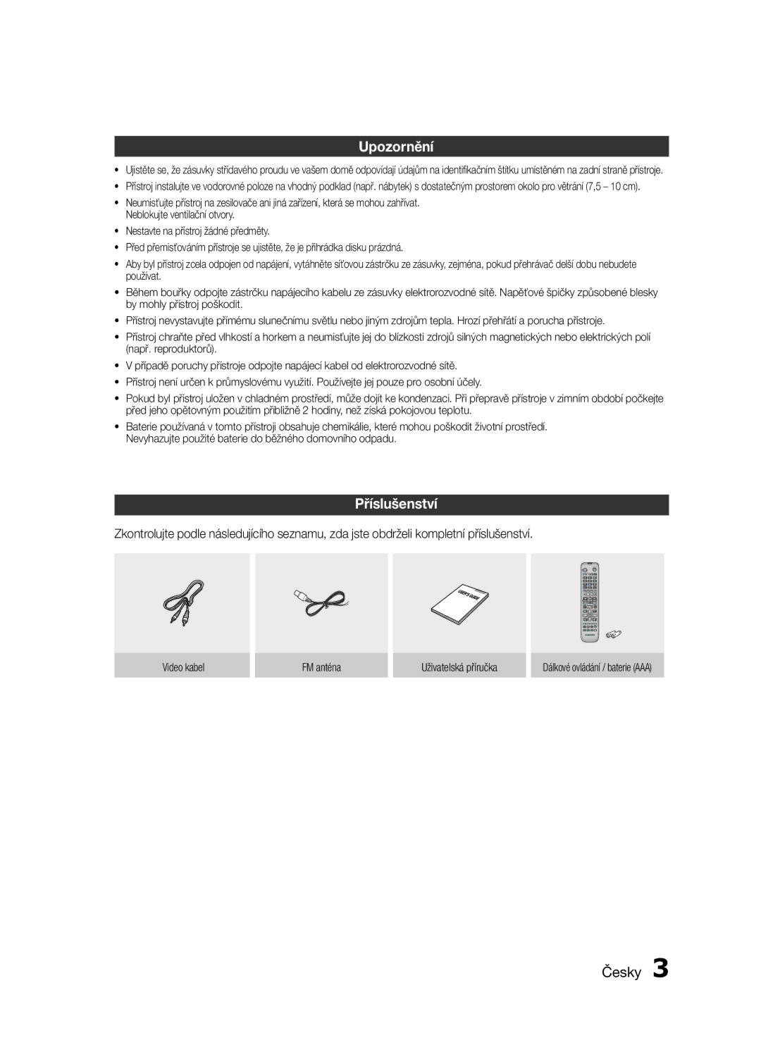 Samsung HT-E453/EN, HT-E455/EN manual Upozornění, Příslušenství 