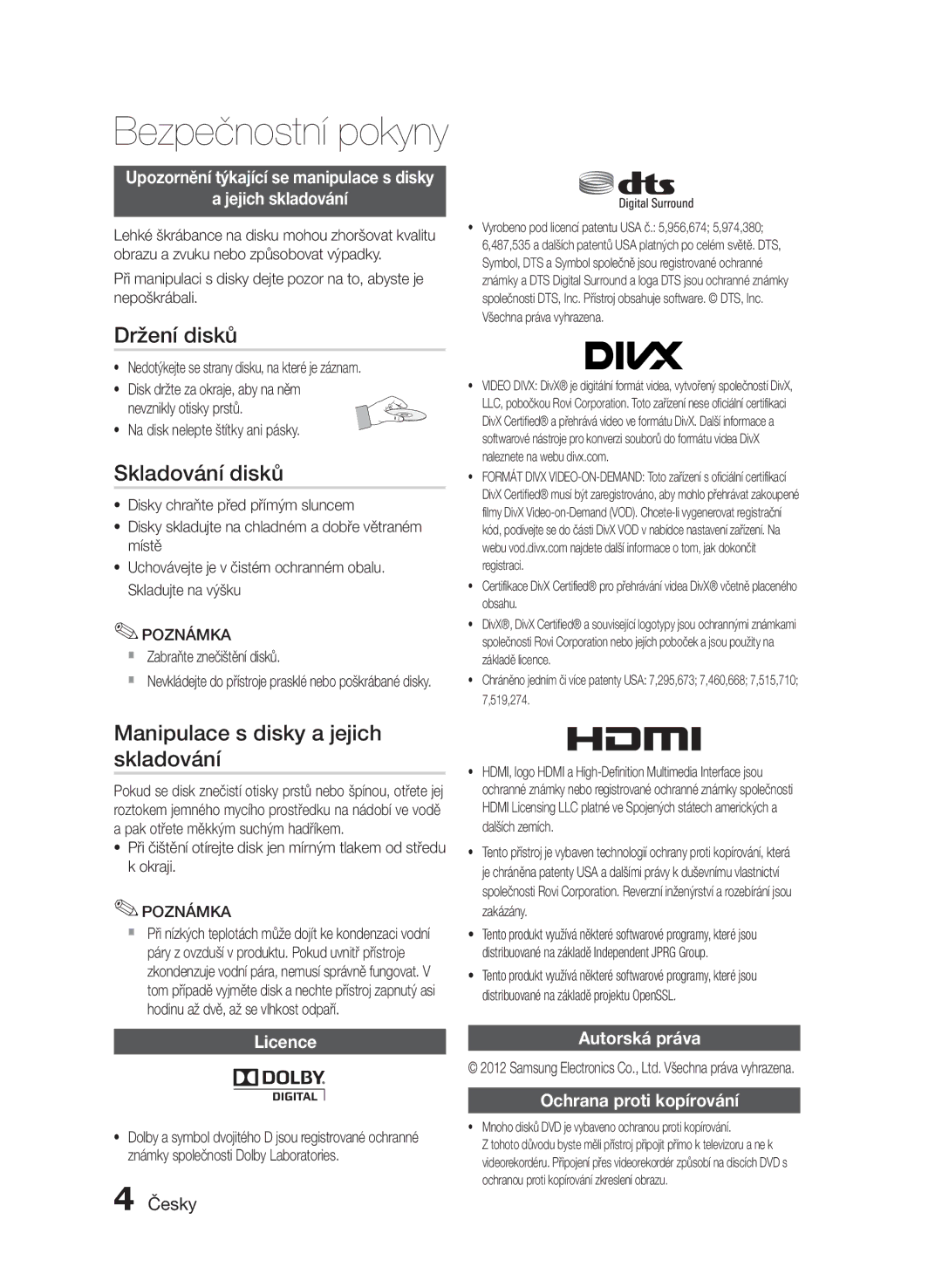 Samsung HT-E455/EN, HT-E453/EN manual Držení disků, Skladování disků, Manipulace s disky a jejich skladování 