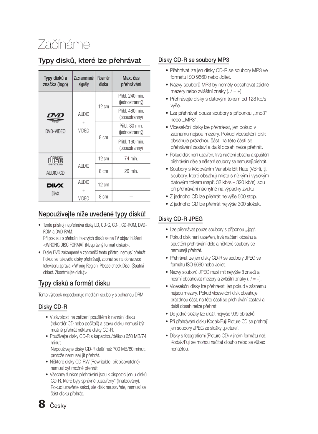 Samsung HT-E455/EN manual Typy disků, které lze přehrávat, Typy disků a formát disku, Nepoužívejte níže uvedené typy disků 