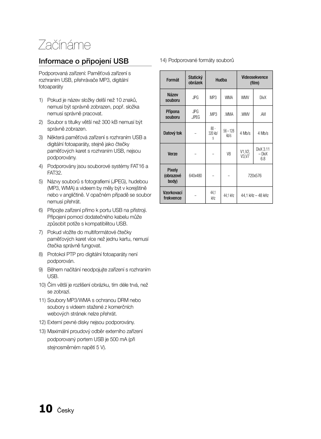 Samsung HT-E455/EN, HT-E453/EN manual Informace o připojení USB, 10 Česky, Formát Statický Hudba 