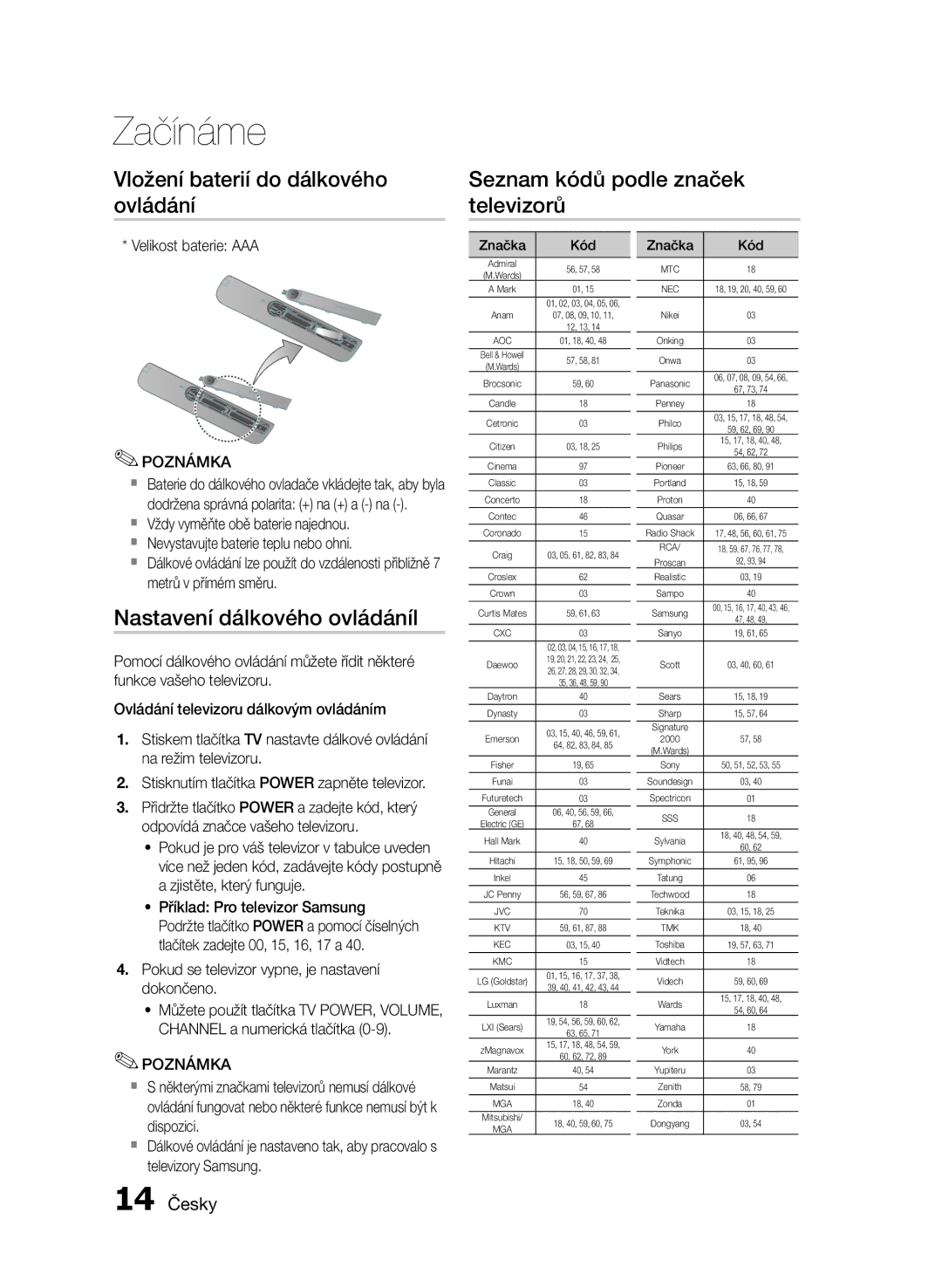 Samsung HT-E455/EN, HT-E453/EN manual Nastavení dálkového ovládáníl, 14 Česky, Velikost baterie AAA 