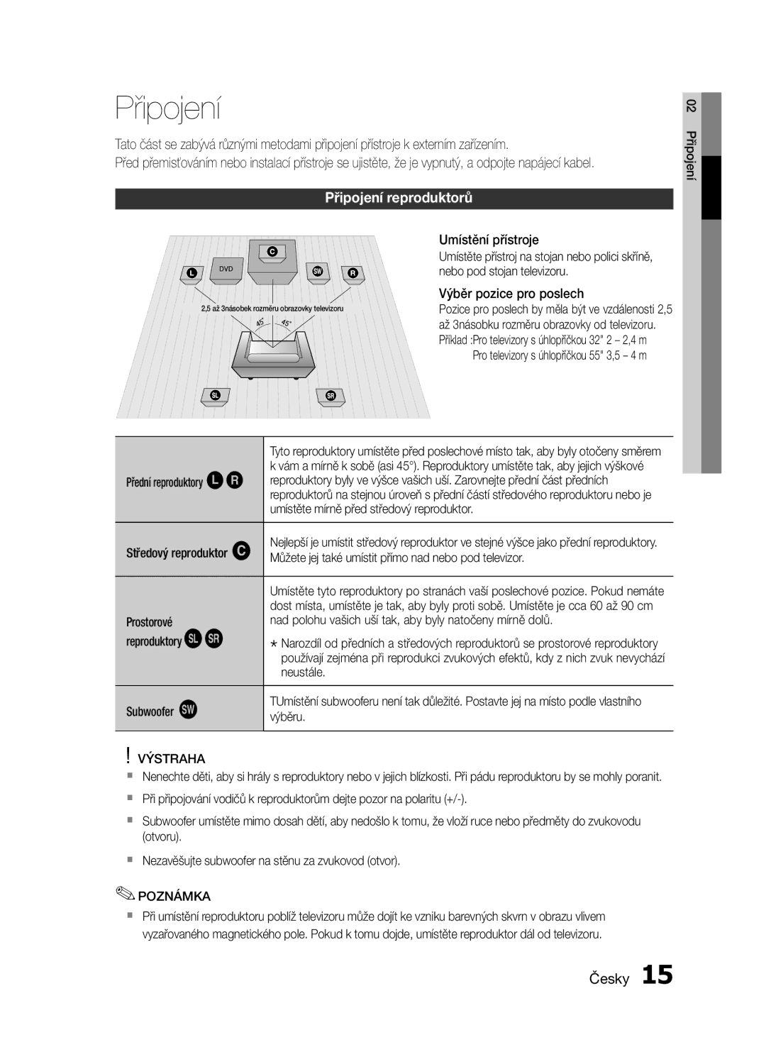 Samsung HT-E453/EN, HT-E455/EN manual Připojení reproduktorů, Výstraha 