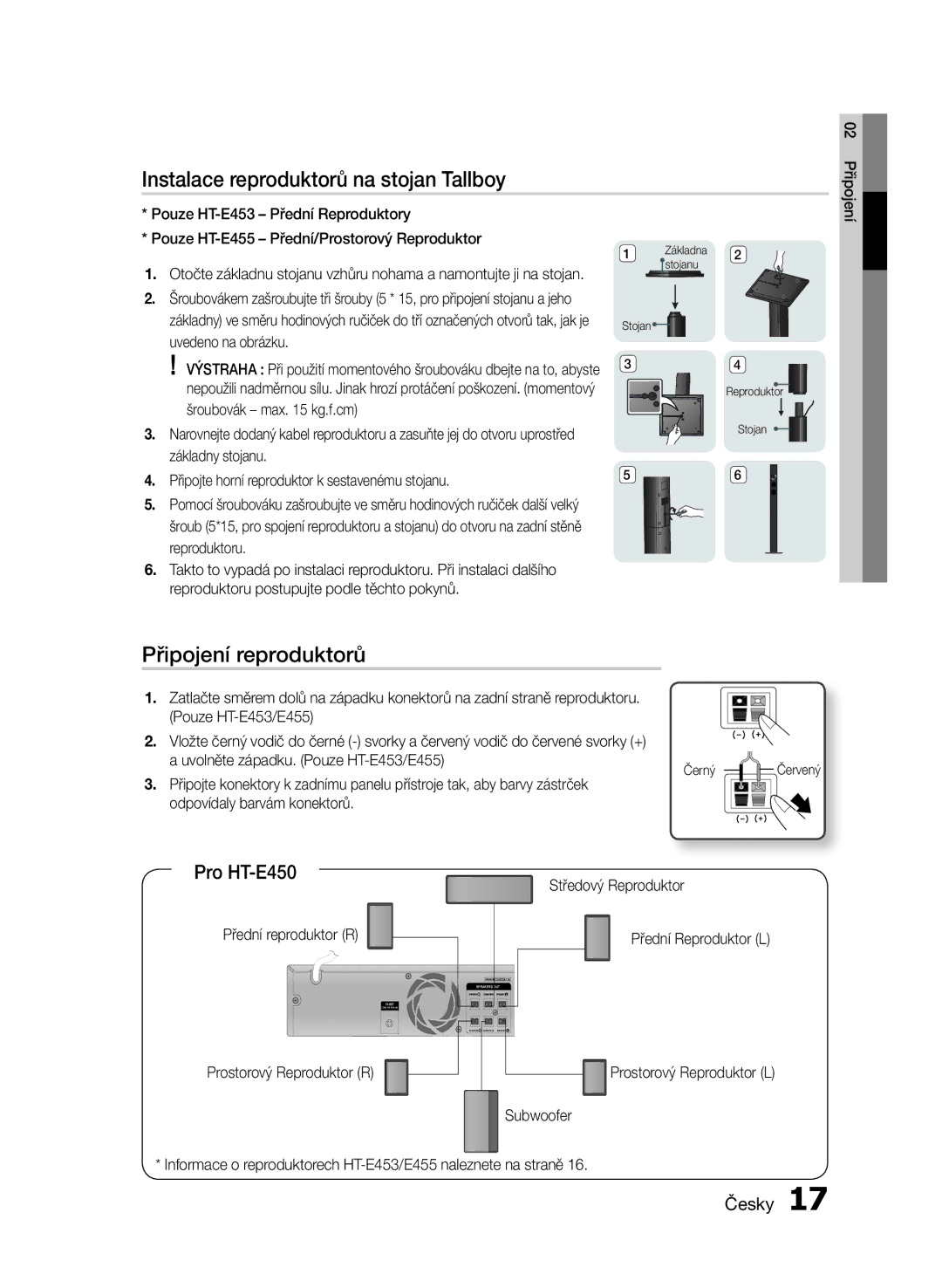 Samsung HT-E453/EN, HT-E455/EN manual Instalace reproduktorů na stojan Tallboy, Připojení reproduktorů, Pro HT-E450 