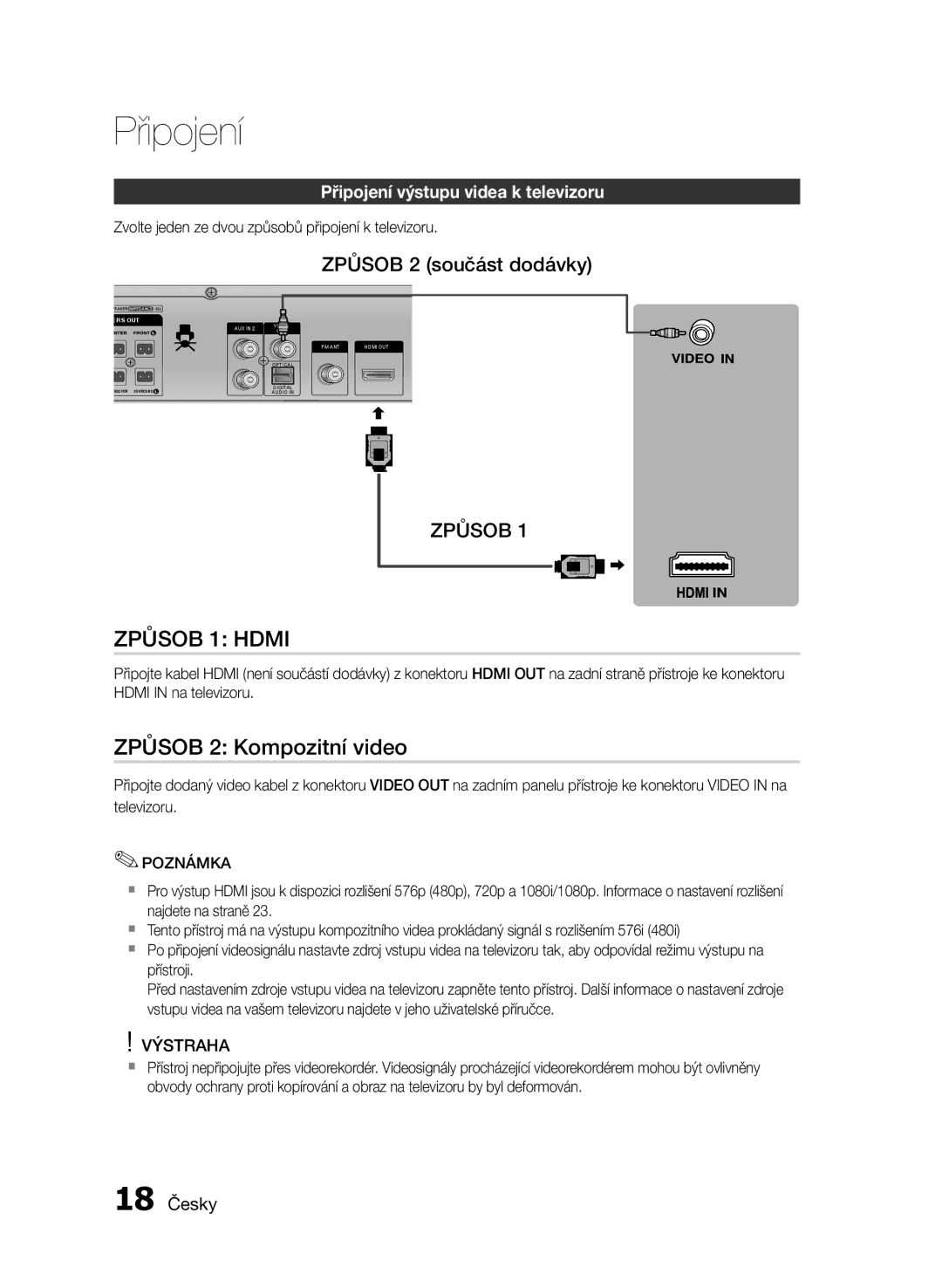 Samsung HT-E455/EN, HT-E453/EN manual Způsob 1 Hdmi, Způsob 2 Kompozitní video, Způsob 2 součást dodávky, 18 Česky 