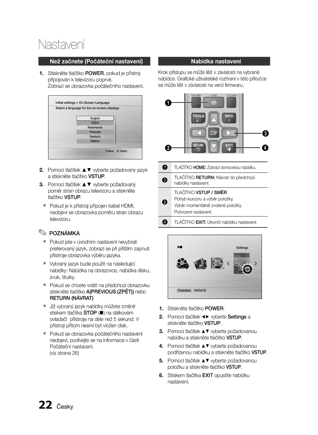 Samsung HT-E455/EN, HT-E453/EN manual Nastavení, Než začnete Počáteční nastavení, Nabídka nastavení, 22 Česky, Return Návrat 