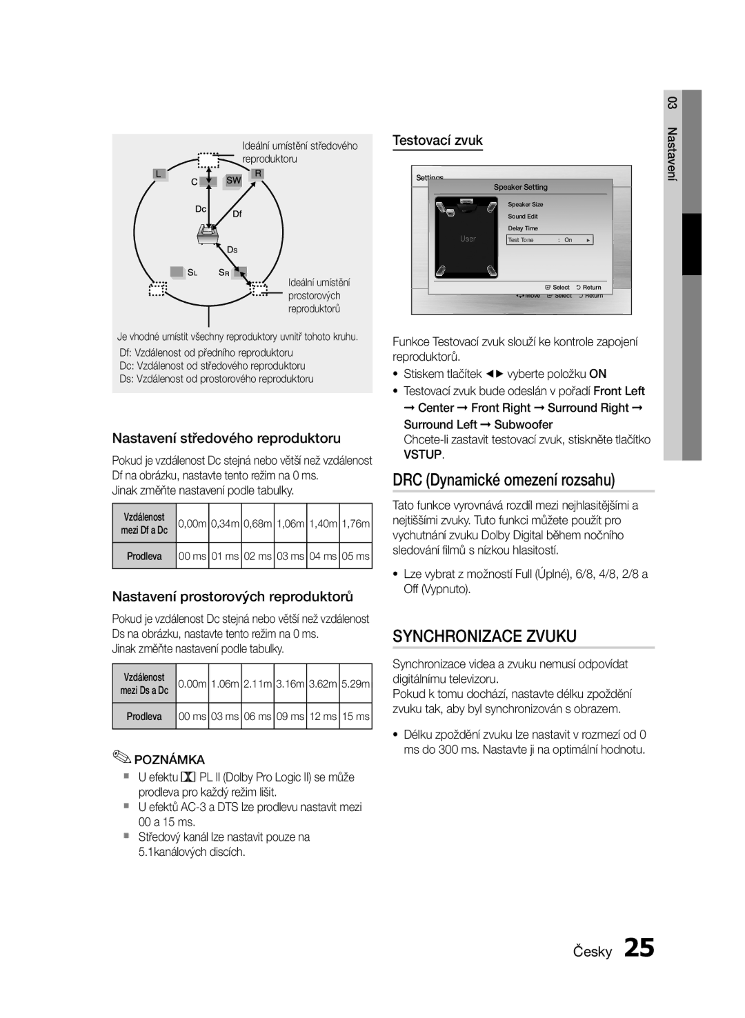 Samsung HT-E453/EN DRC Dynamické omezení rozsahu, Synchronizace Zvuku, Nastavení středového reproduktoru, Testovací zvuk 