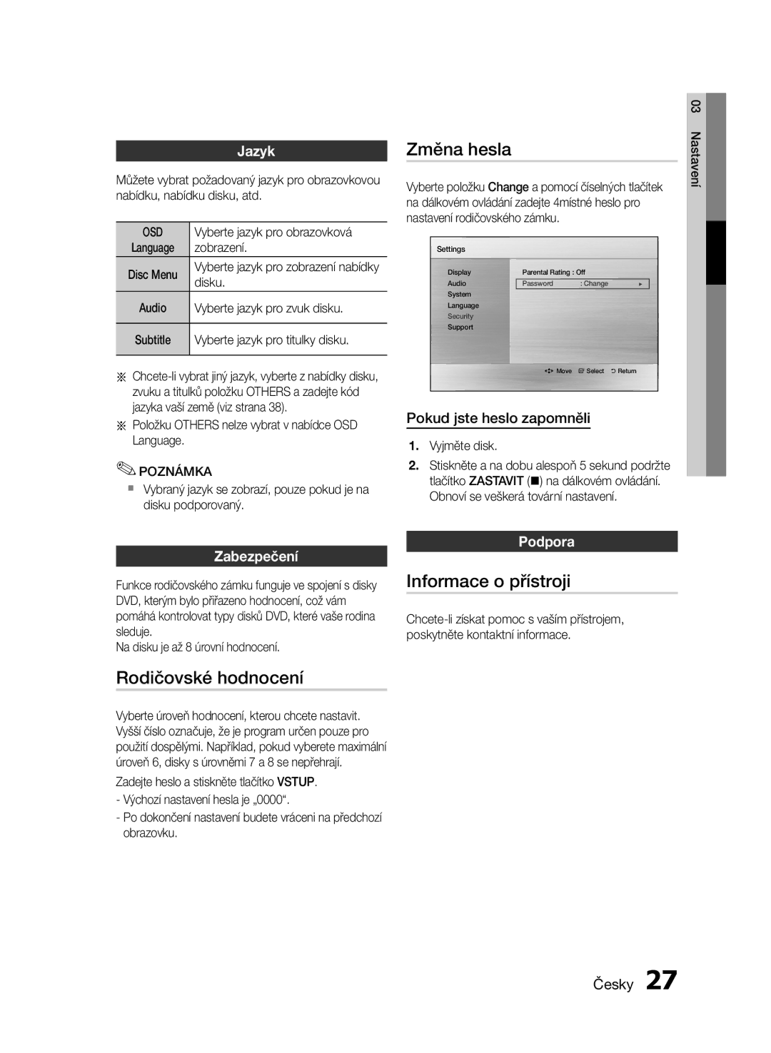 Samsung HT-E453/EN manual Změna hesla, Rodičovské hodnocení, Informace o přístroji, Pokud jste heslo zapomněli, Zabezpečení 