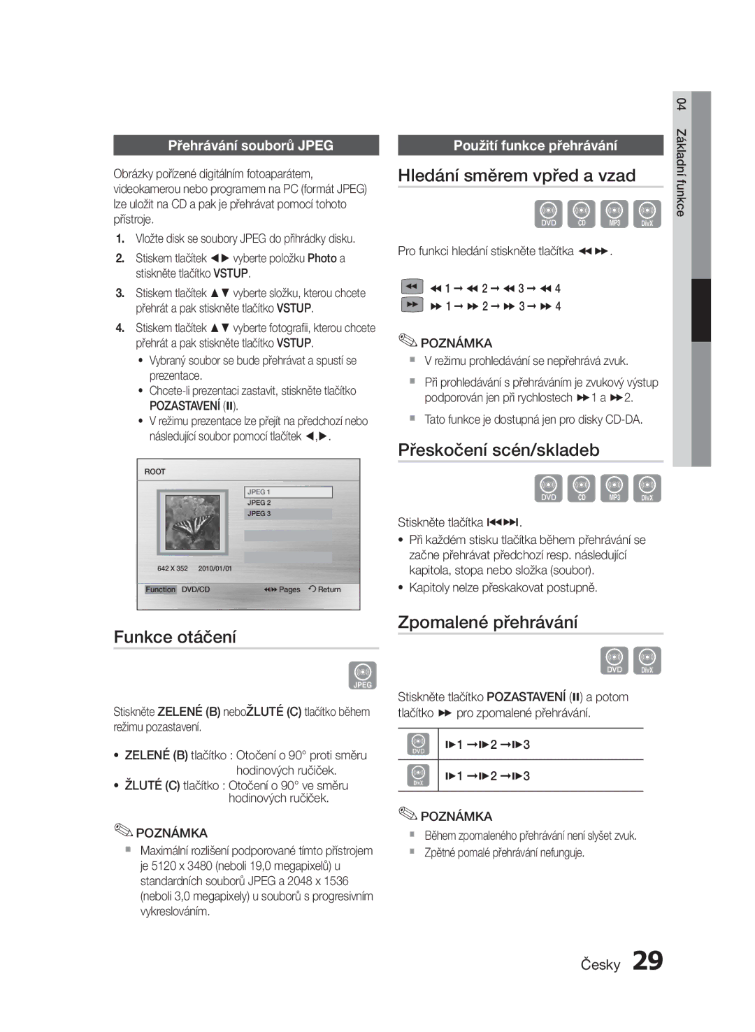 Samsung HT-E453/EN, HT-E455/EN Hledání směrem vpřed a vzad, Přeskočení scén/skladeb, Funkce otáčení, Zpomalené přehrávání 