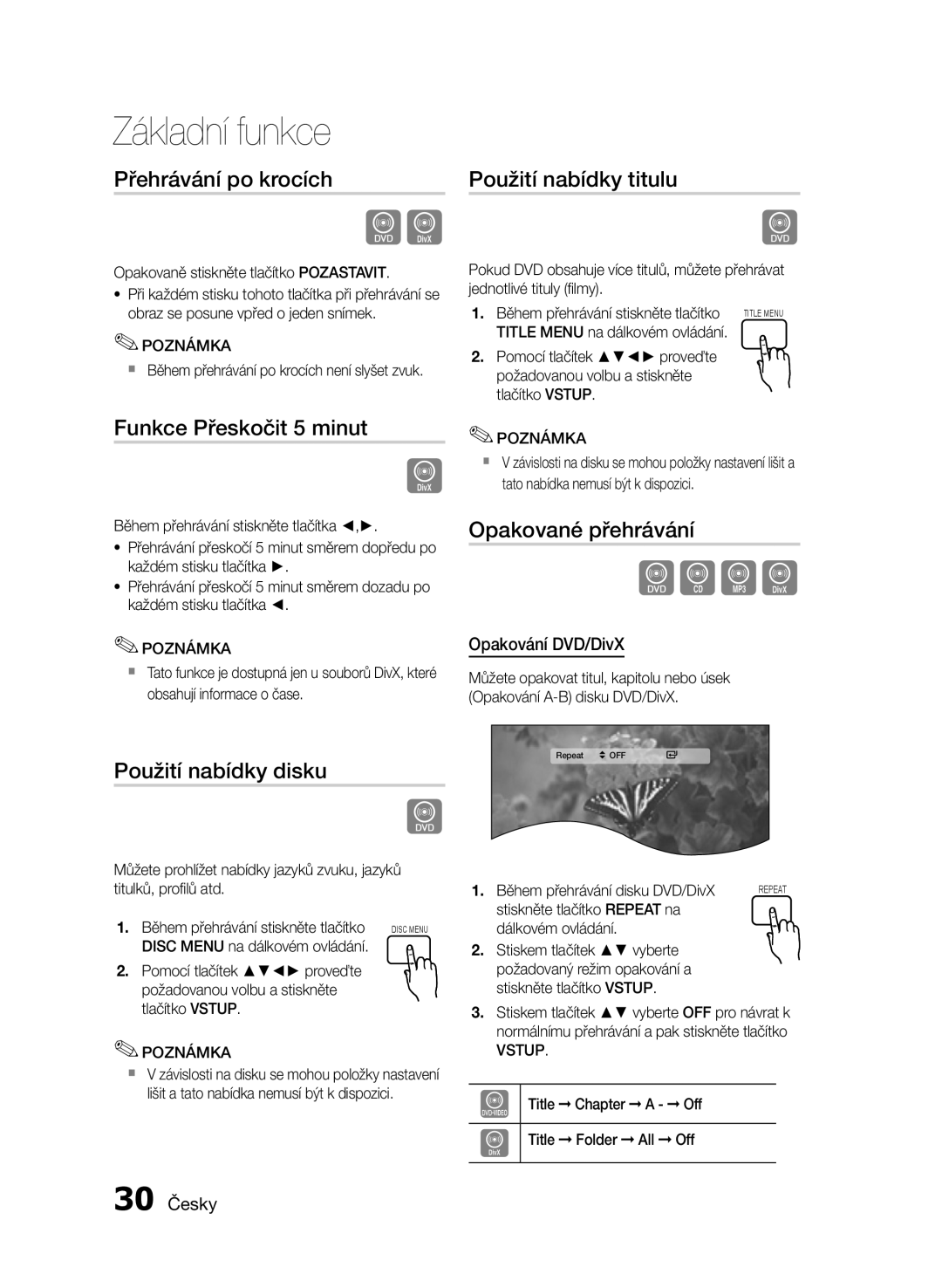 Samsung HT-E455/EN manual Přehrávání po krocích, Funkce Přeskočit 5 minut, Použití nabídky disku Použití nabídky titulu 