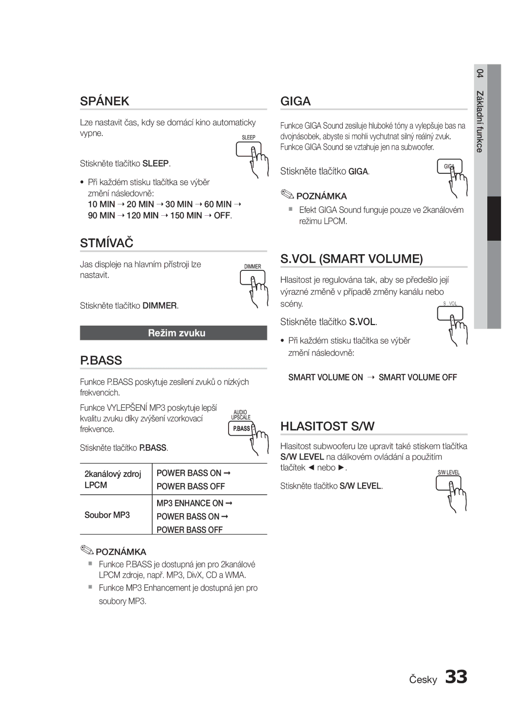 Samsung HT-E453/EN, HT-E455/EN manual Spánek, Stmívač, VOL Smart Volume, Hlasitost S/W 