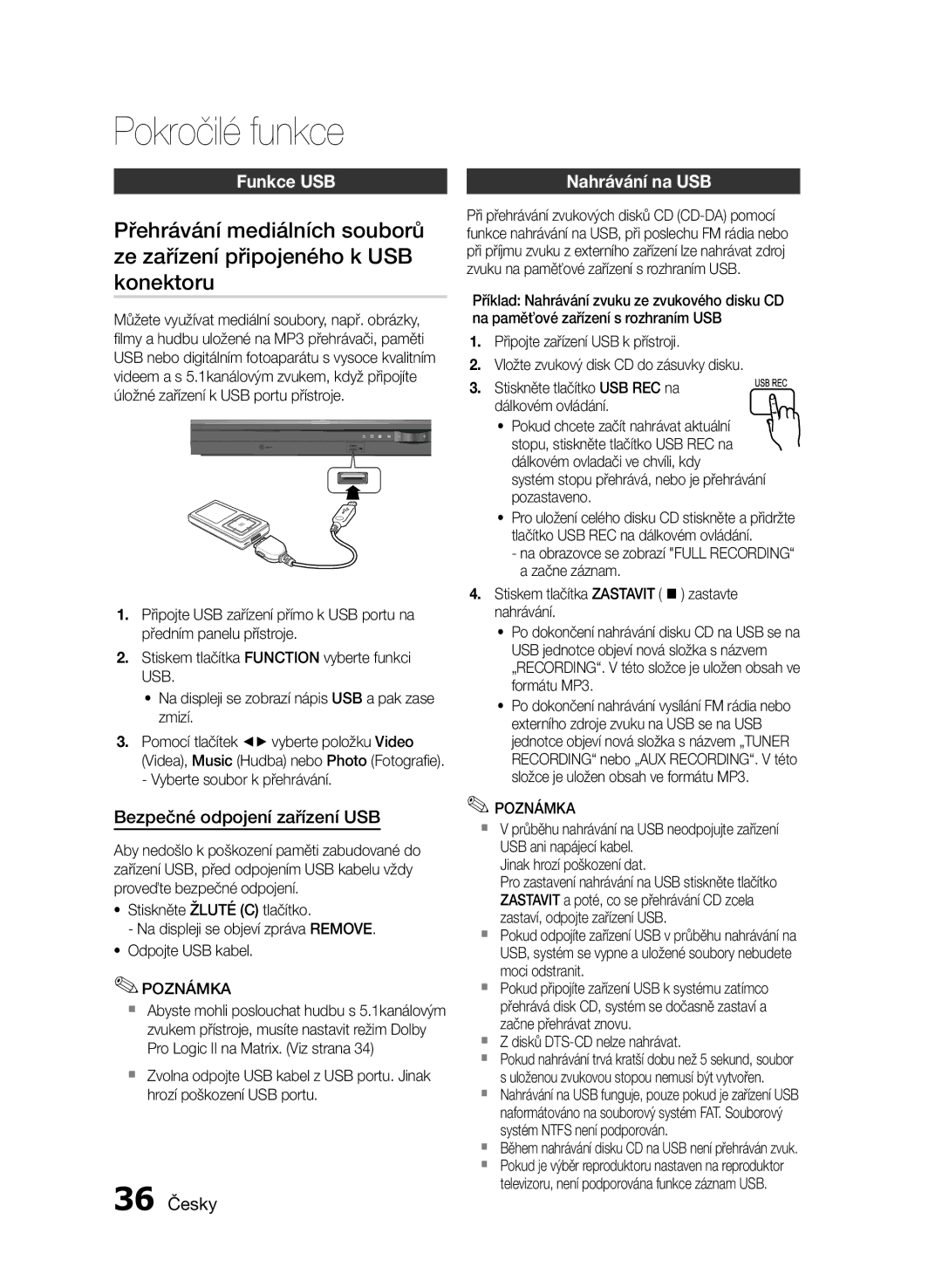 Samsung HT-E455/EN, HT-E453/EN manual Pokročilé funkce, Funkce USB, Bezpečné odpojení zařízení USB, 36 Česky 