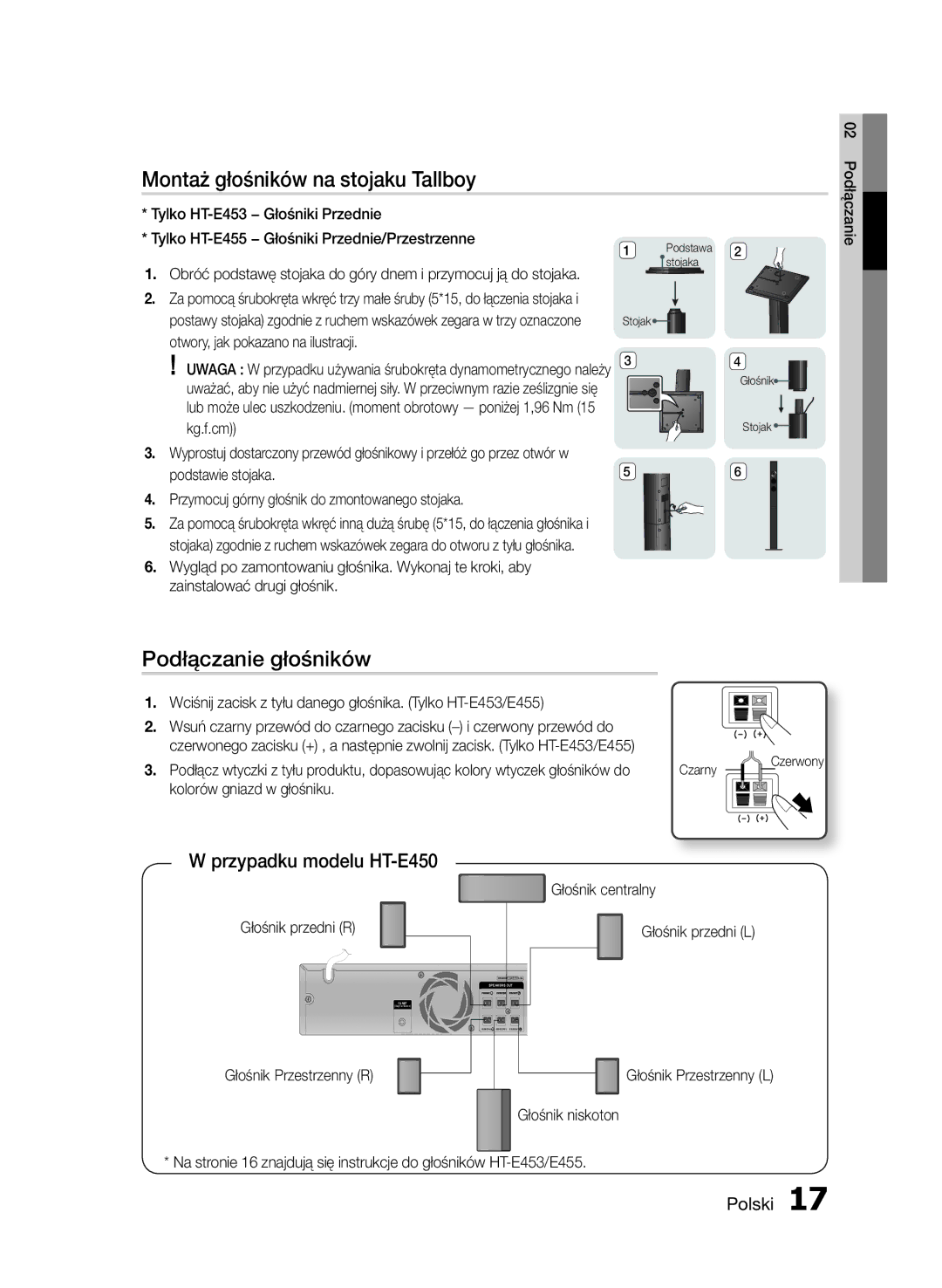 Samsung HT-E453/EN, HT-E455/EN manual Montaż głośników na stojaku Tallboy, Podłączanie głośników, Przypadku modelu HT-E450 