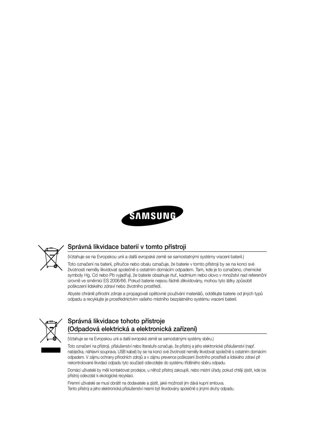 Samsung HT-E455/EN, HT-E453/EN manual Správná likvidace baterií v tomto přístroji 