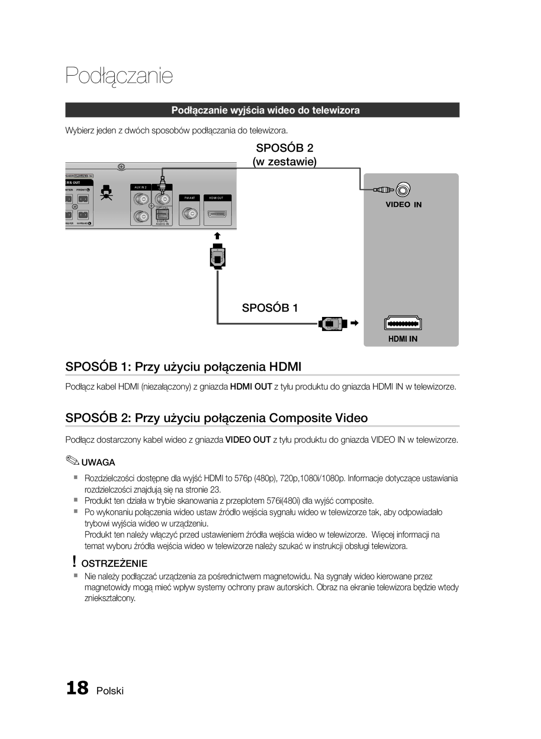 Samsung HT-E455/EN manual Sposób 1 Przy użyciu połączenia Hdmi, Sposób 2 Przy użyciu połączenia Composite Video, Zestawie 