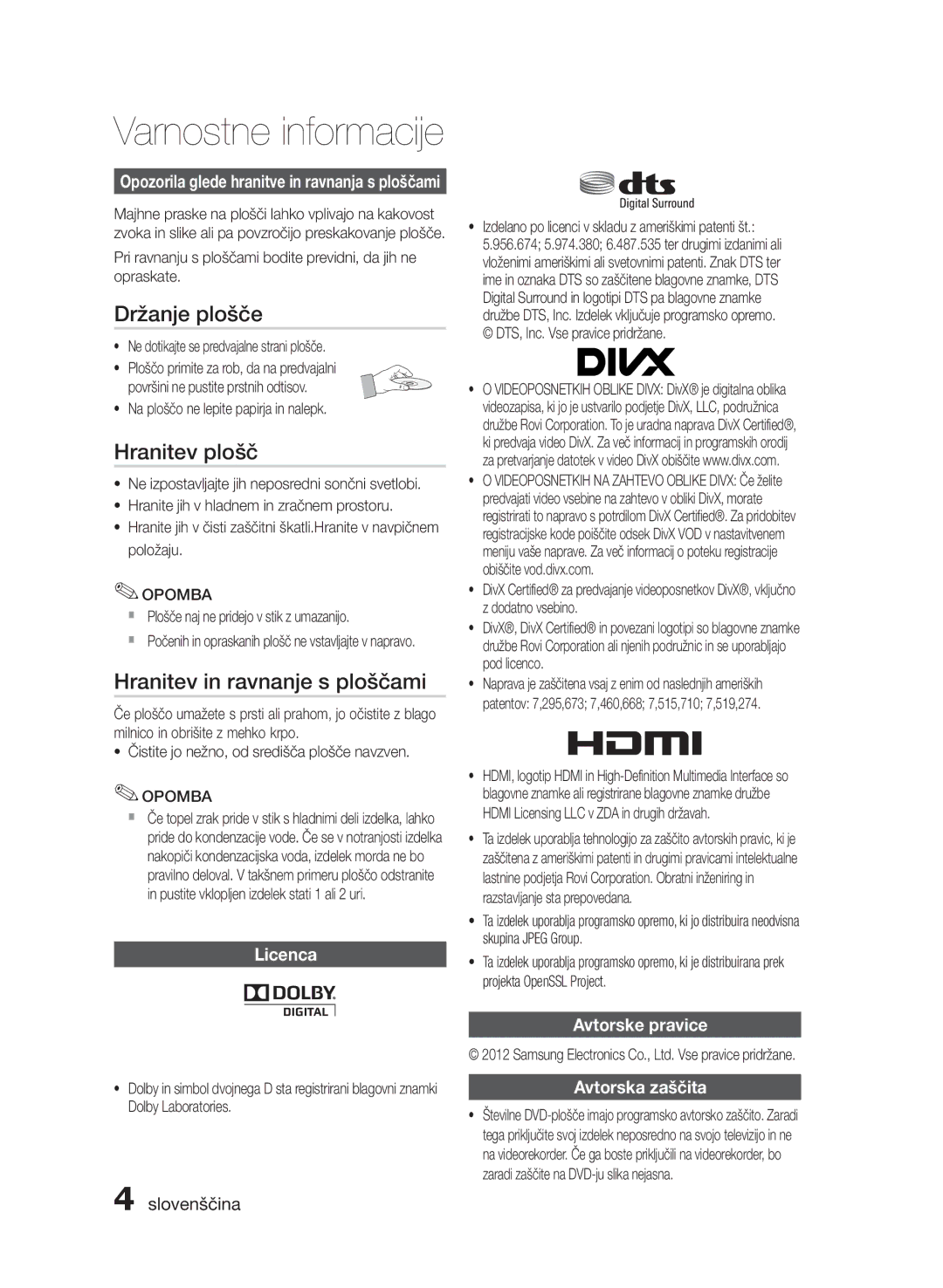 Samsung HT-E455/EN, HT-E453/EN manual Držanje plošče, Hranitev plošč, Hranitev in ravnanje s ploščami, Licenca 