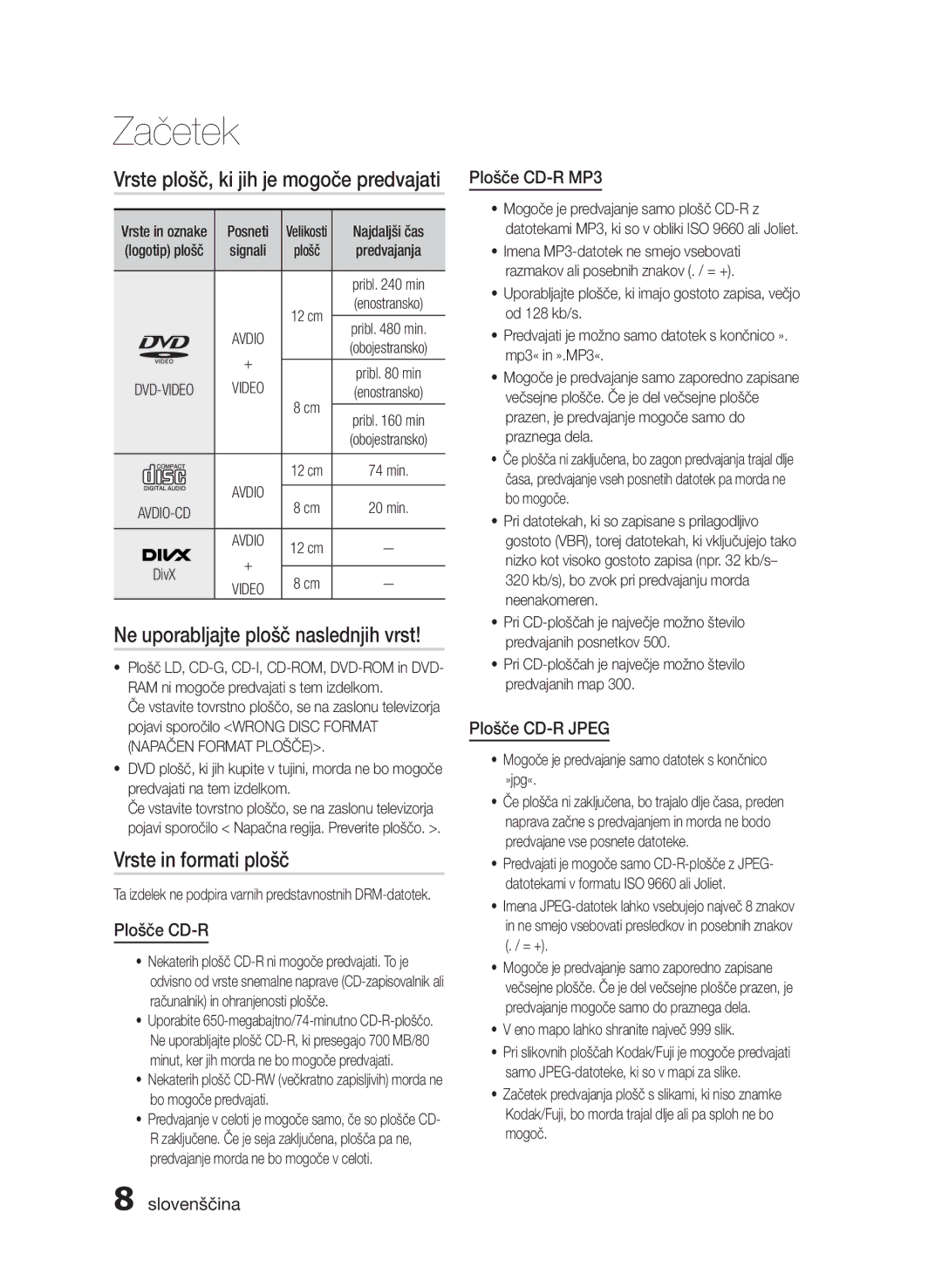 Samsung HT-E455/EN Ne uporabljajte plošč naslednjih vrst, Vrste in formati plošč, Plošče CD-R MP3, Plošče CD-R Jpeg 