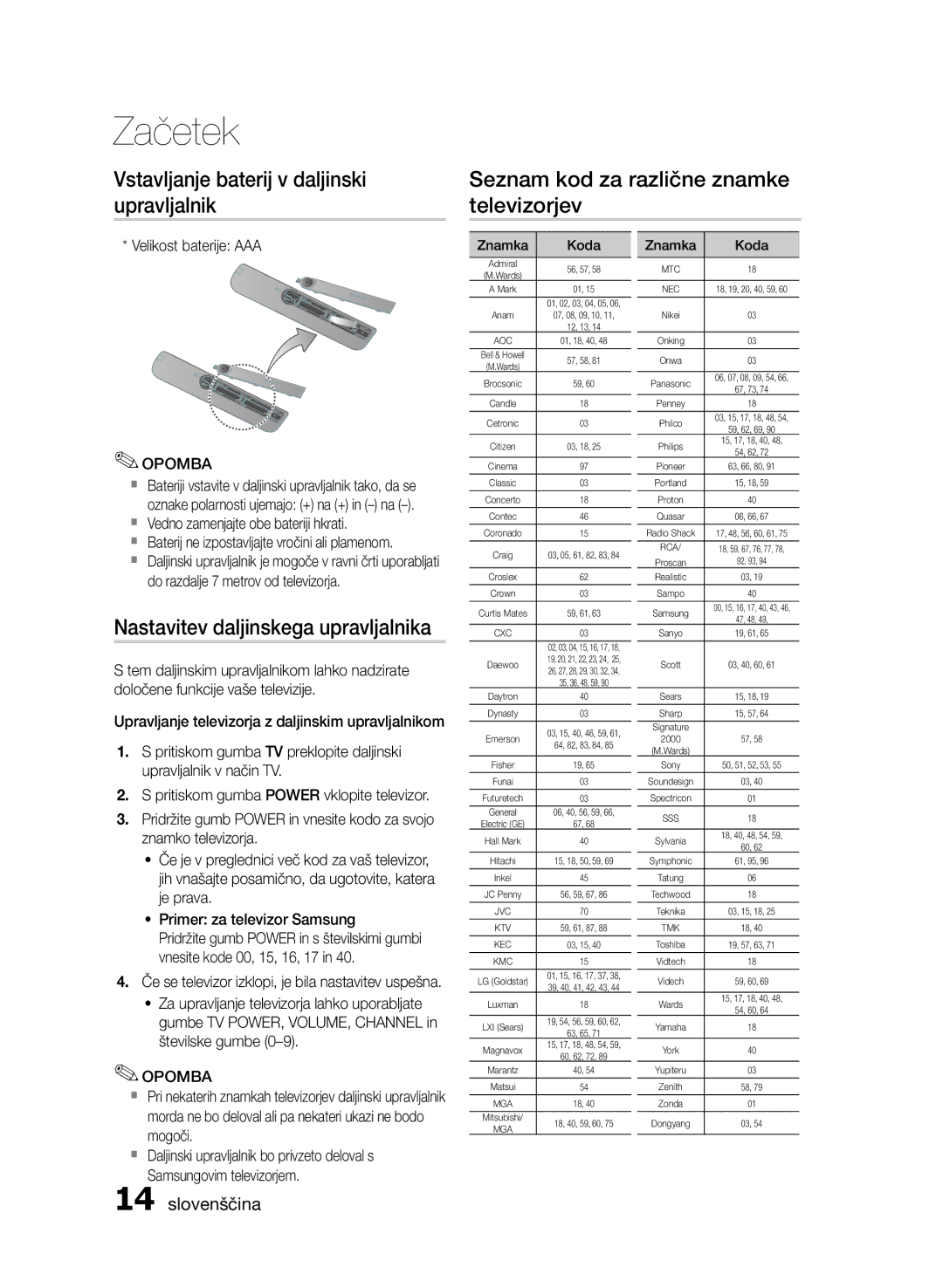 Samsung HT-E455/EN, HT-E453/EN manual Nastavitev daljinskega upravljalnika, Velikost baterije AAA, Znamka Koda 