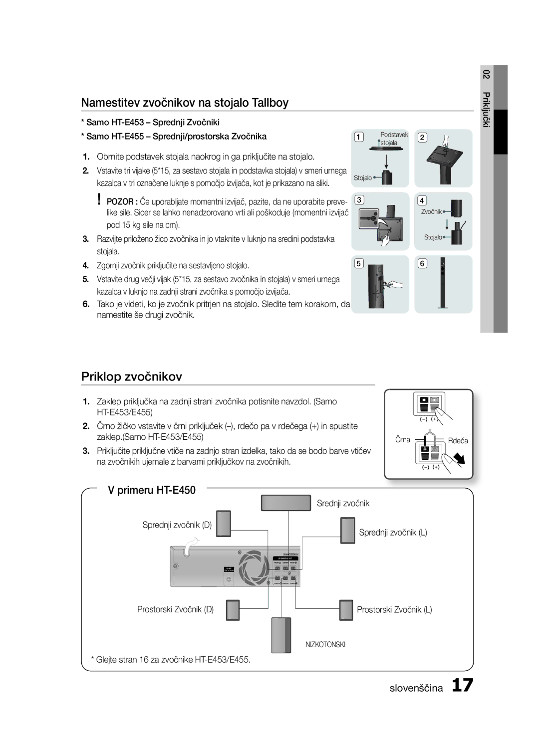 Samsung HT-E453/EN, HT-E455/EN manual Namestitev zvočnikov na stojalo Tallboy, Priklop zvočnikov, Primeru HT-E450 