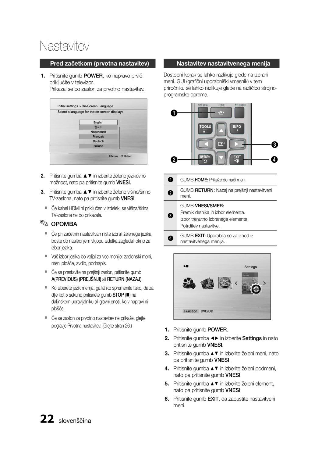 Samsung HT-E455/EN, HT-E453/EN manual Pred začetkom prvotna nastavitev, Nastavitev nastavitvenega menija 