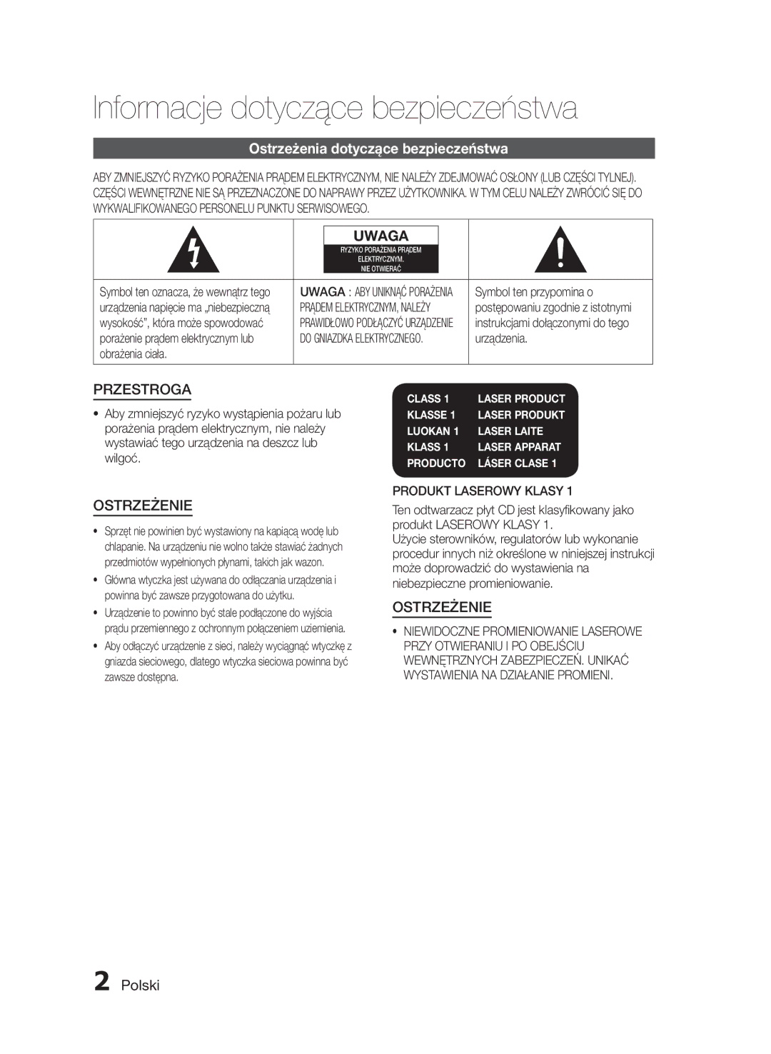 Samsung HT-E455/EN, HT-E453/EN manual Informacje dotyczące bezpieczeństwa, Ostrzeżenia dotyczące bezpieczeństwa, Polski 