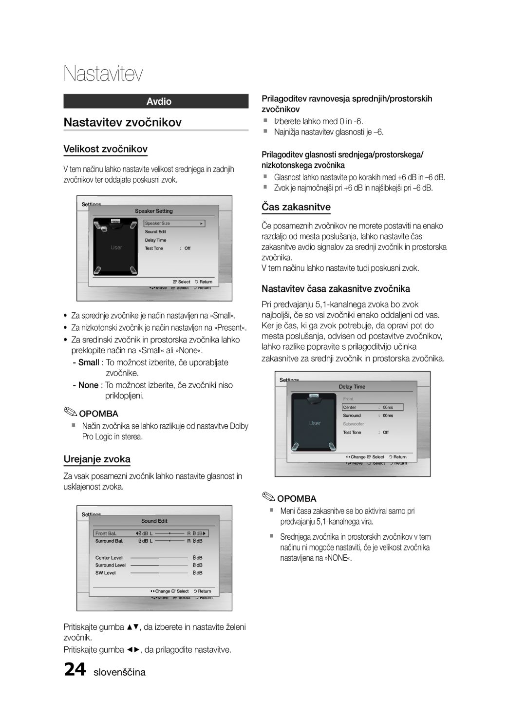 Samsung HT-E455/EN, HT-E453/EN manual Nastavitev zvočnikov, Avdio 