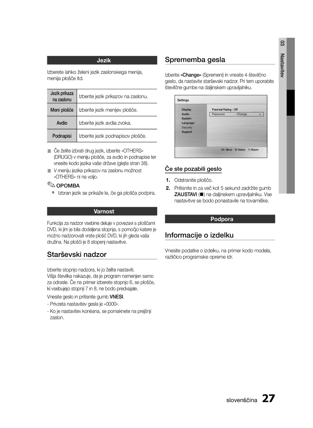 Samsung HT-E453/EN, HT-E455/EN manual Starševski nadzor, Sprememba gesla, Informacije o izdelku, Jezik, Varnost 