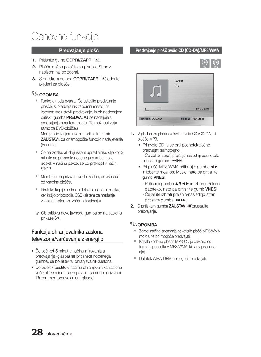 Samsung HT-E455/EN, HT-E453/EN manual Osnovne funkcije, Predvajanje plošč avdio CD CD-DA/MP3/WMA 