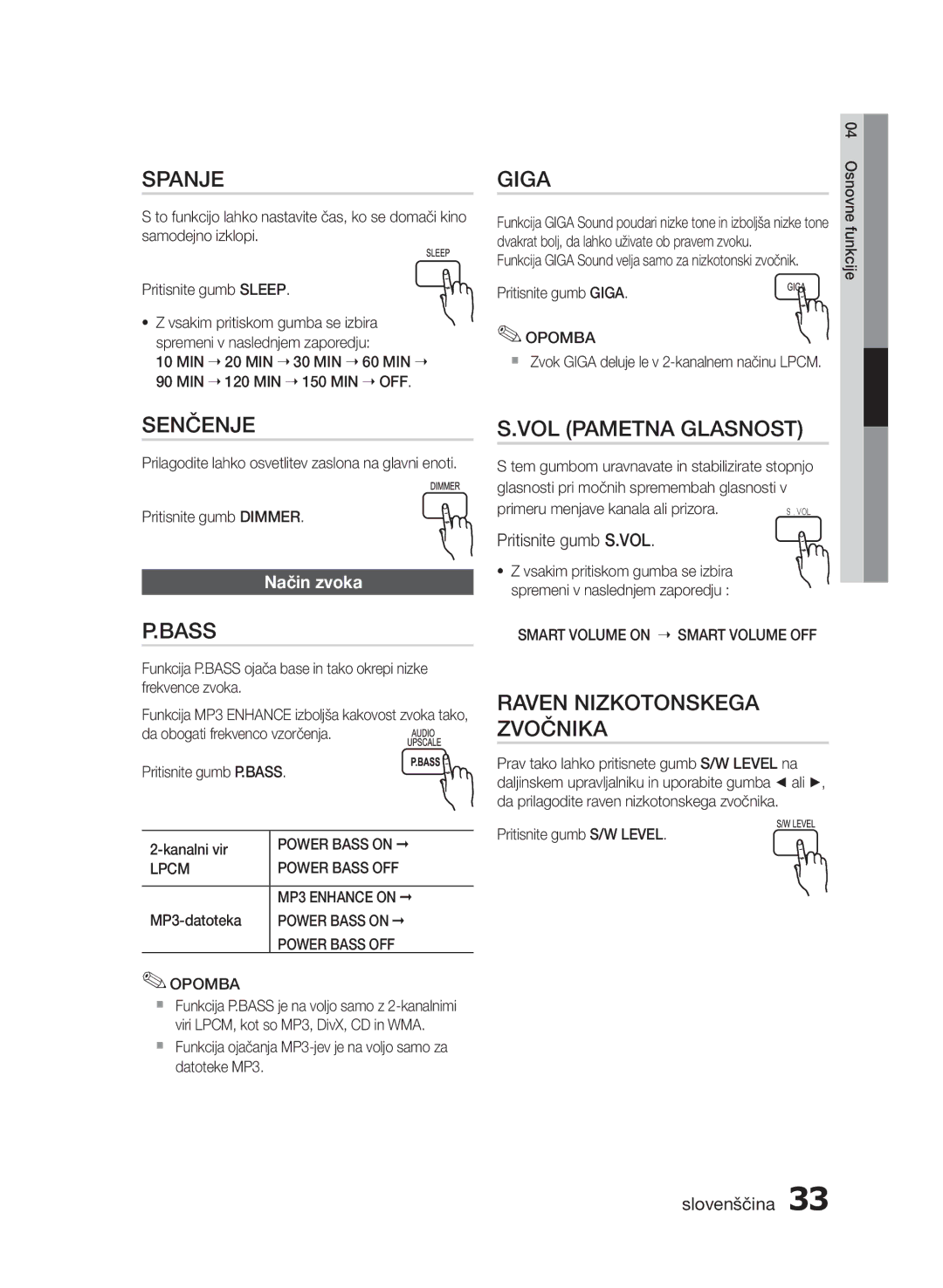 Samsung HT-E453/EN, HT-E455/EN manual Spanje, Senčenje, VOL Pametna Glasnost, Raven Nizkotonskega Zvočnika, Način zvoka 