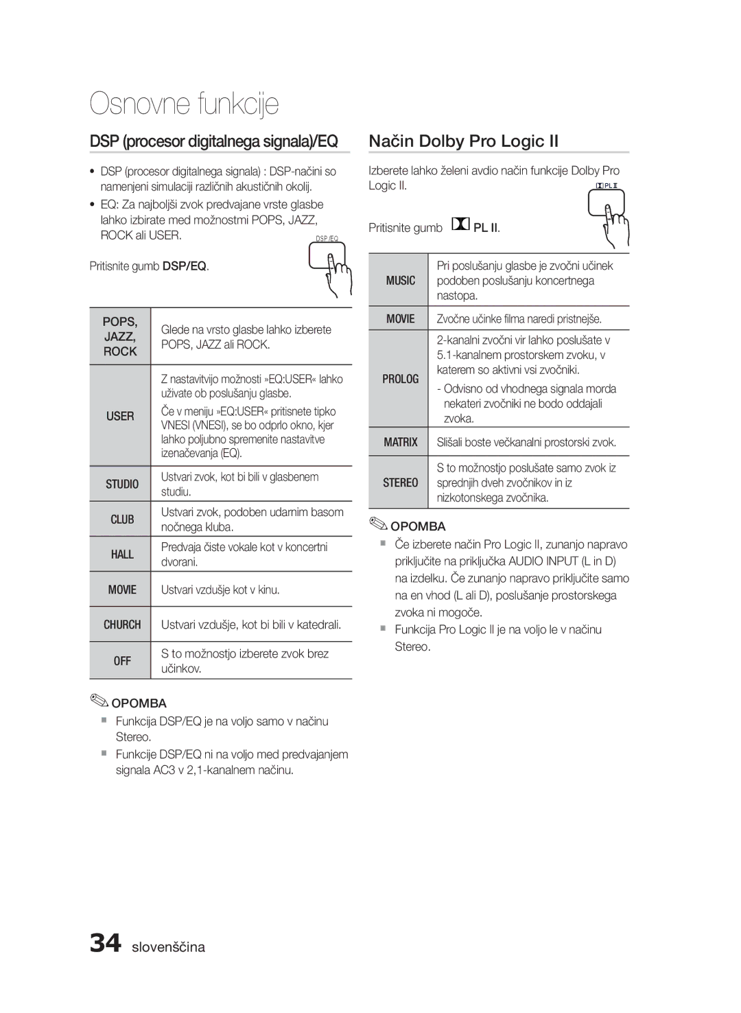 Samsung HT-E455/EN, HT-E453/EN manual Način Dolby Pro Logic, DSP procesor digitalnega signala/EQ 