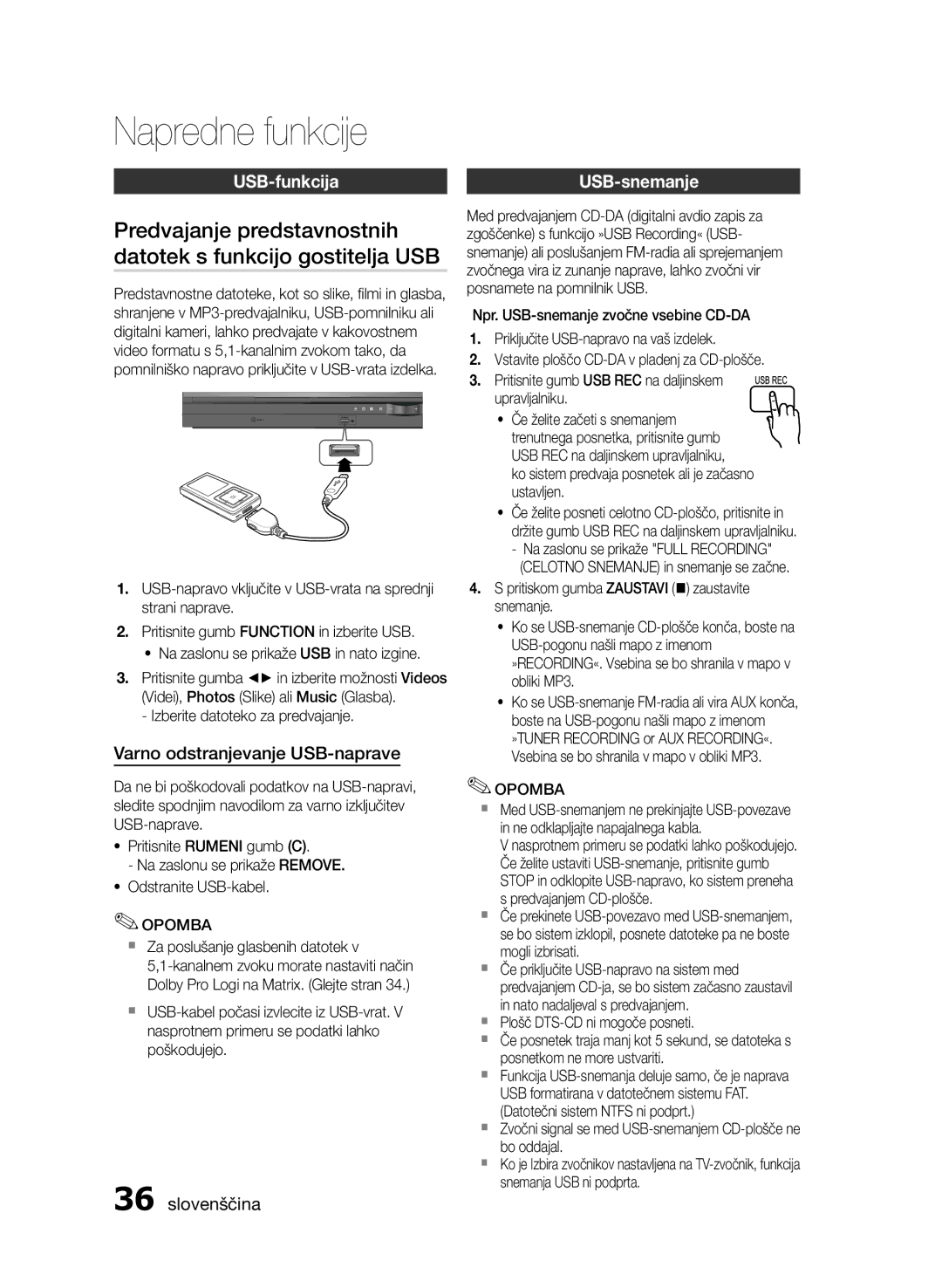 Samsung HT-E455/EN, HT-E453/EN manual Napredne funkcije, USB-funkcija, Varno odstranjevanje USB-naprave, USB-snemanje 