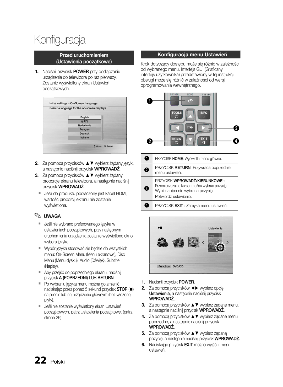 Samsung HT-E455/EN, HT-E453/EN manual Przed uruchomieniem Ustawienia początkowe, Konfiguracja menu Ustawień, Wprowadź 