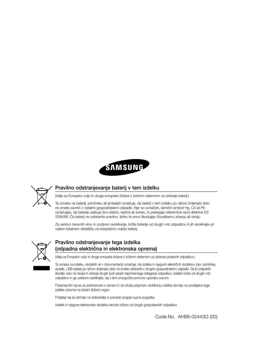 Samsung HT-E455/EN, HT-E453/EN manual Pravilno odstranjevanje baterij v tem izdelku, Code No. AH68-02443G 