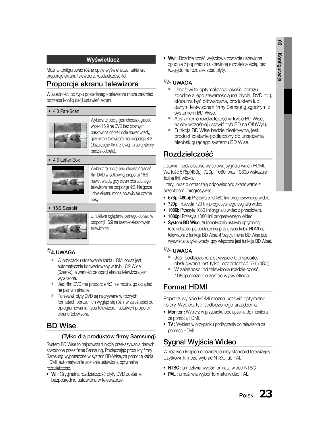 Samsung HT-E453/EN, HT-E455/EN manual Proporcje ekranu telewizora, BD Wise, Rozdzielczość, Format Hdmi, Sygnał Wyjścia Wideo 